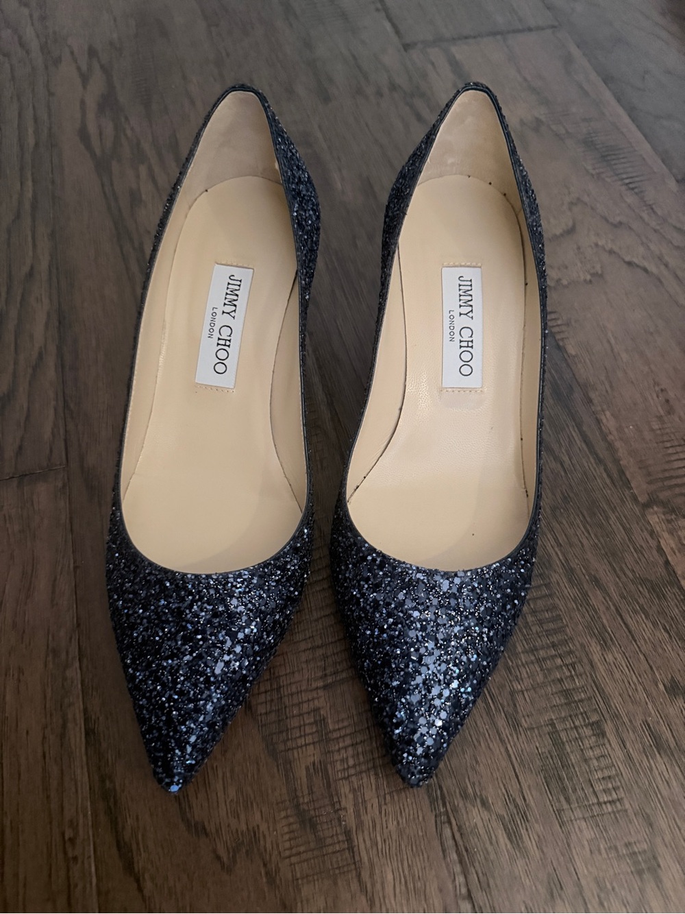Jimmy Choo Navy-Black Glitter Pointed Toe Pumps